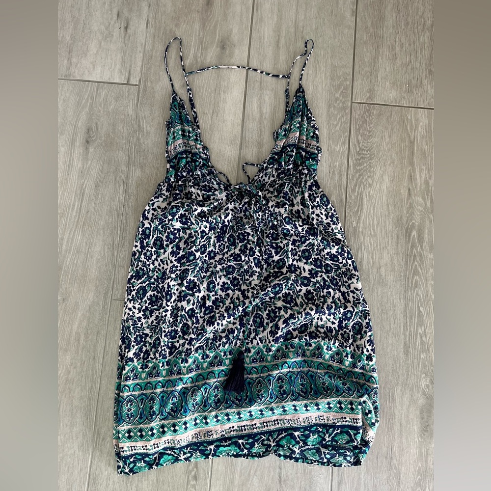 Blue and green floral sundress, spaghetti strap with a cute t strap in the back